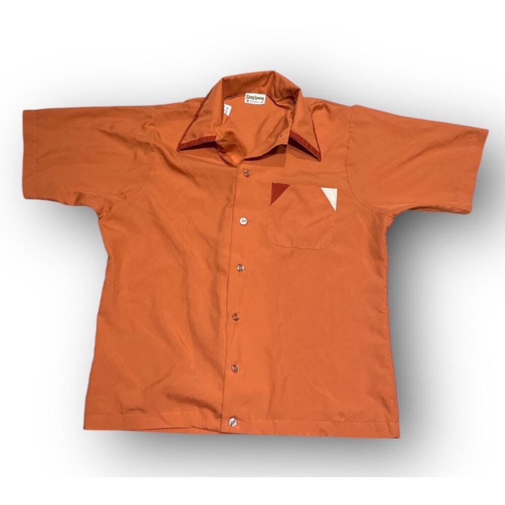 Vintage 1970s King Louie Bowling Shirt Size‎ M Medium Orange 22”x26” “stain”